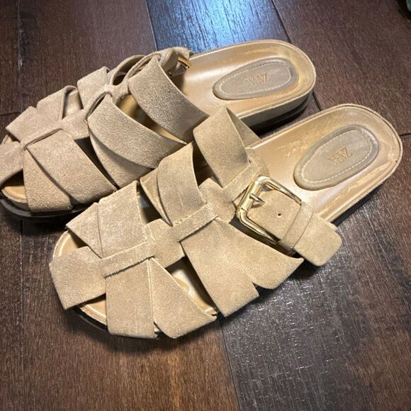 Zara suede cross strap slip on sandals women’s size 38 or 7.5 tan boho hippie Ti - Picture 1 of 7